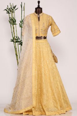 Mellow Yellow Resham Embroiderd Raw Silk Designer Lehenga-GC3454
