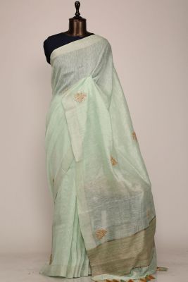 Pastel Green Gota Embroidered Linen Saree-PF1029