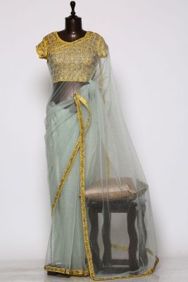 Mint Green Pearl Embroidered Net Saree-PF1350