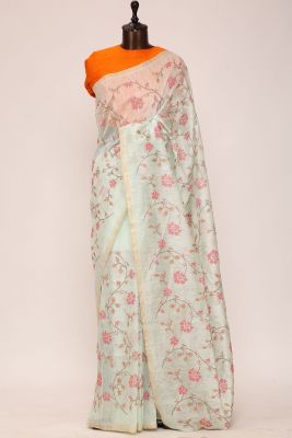 Mint Blue Resham Embroidered Linen Saree-PI1032