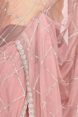Salmon Pink Stone Embroidered Net Saree-PI2607