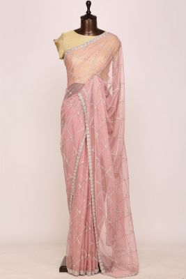 Salmon Pink Stone Embroidered Net Saree-PI2607