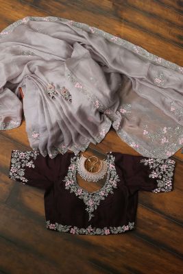 Mauve Purple Sequins Embroidered Organza Saree-PI2823