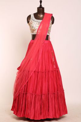 Ruby Pink Zari Embroidered Cotton Silk Designer Lehenga-PJ1894