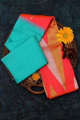Sky Blue & Neon Pink Zari Woven Kanchipuram Silk Saree-PJ1957
