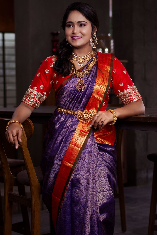 Ink Blue Zari woven Kanchipuram Silk Saree-SR26226